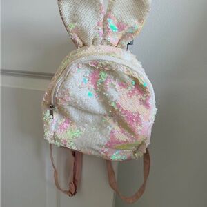 Sequin Bunny Ear Backpack Kids Toddler Easter Pink White Iridescent